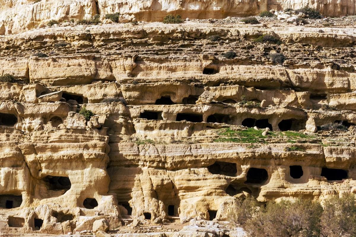 A pale sandstone cliff riddled with dark rectangular cave openings above a beach