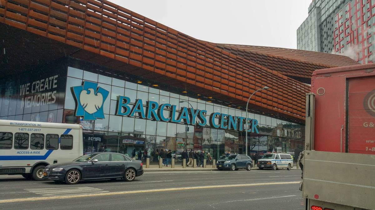 The rusted-steel canopy of Barclays Center from Flatbush Avenue