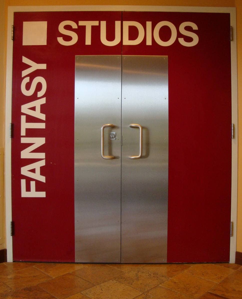 The red entrance doors of Fantasy Studios in Berkeley