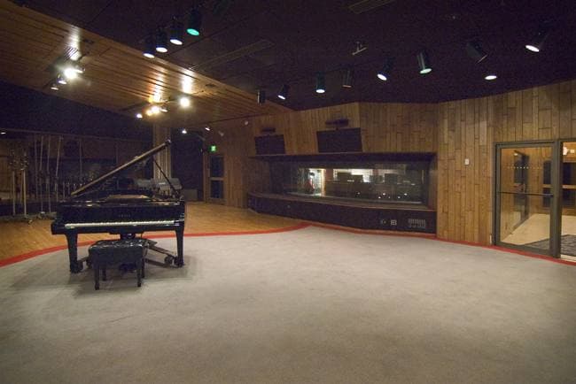 A wood-panelled recording room with baffles at Fantasy Studios, Studio D