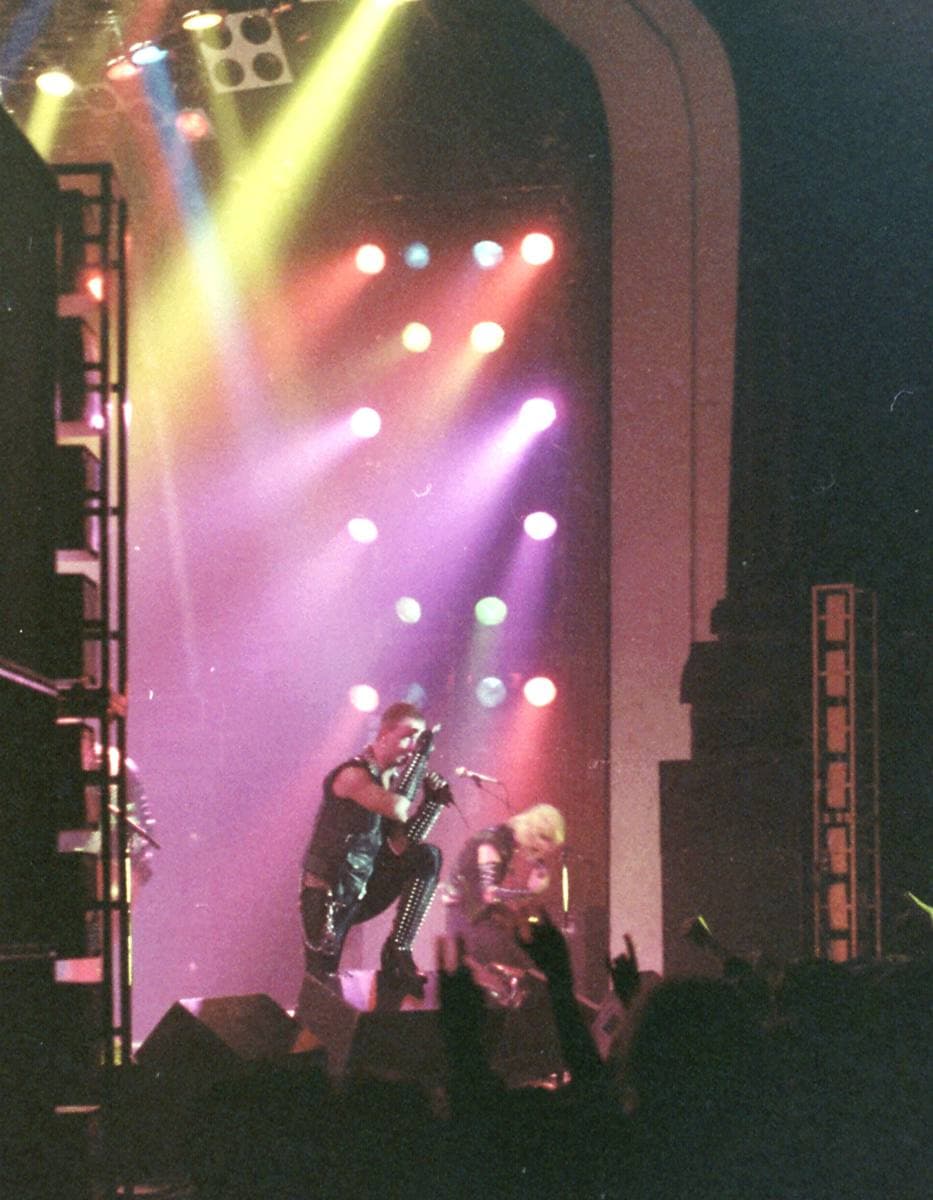 Judas Priest on stage in Cardiff in 1981, in leather and studs under the lights