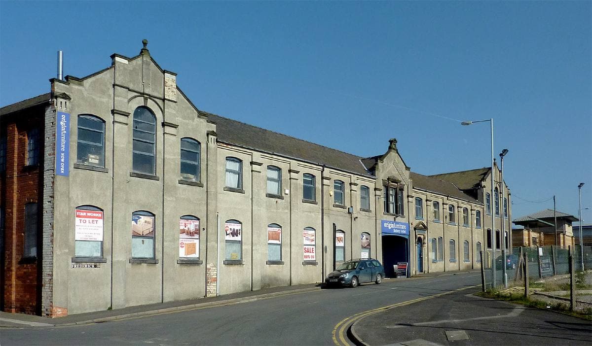 A long brick industrial building, the former Star Works, along Frederick Street in Wolverhampton