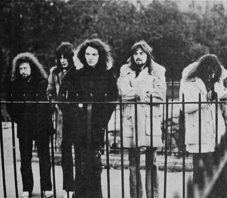 King Crimson in 1972, a five-piece group posed together