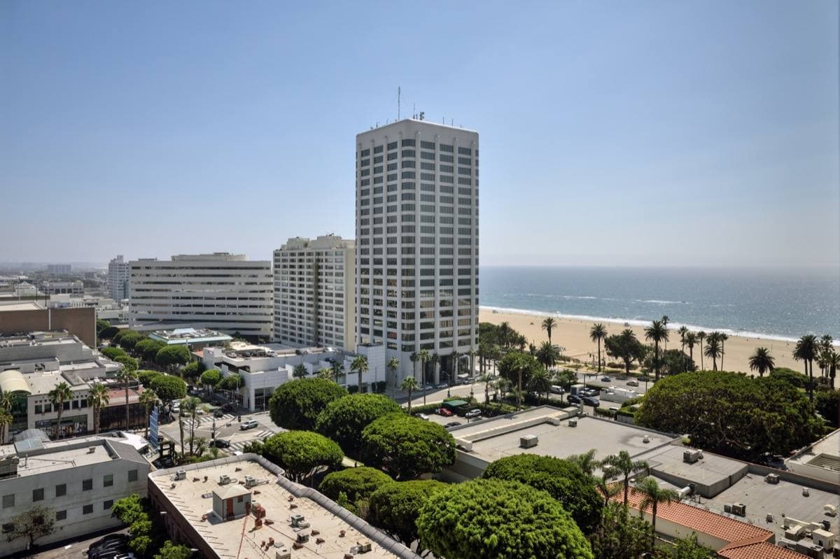 Santa Monica rooftops with the beach and ocean beyond