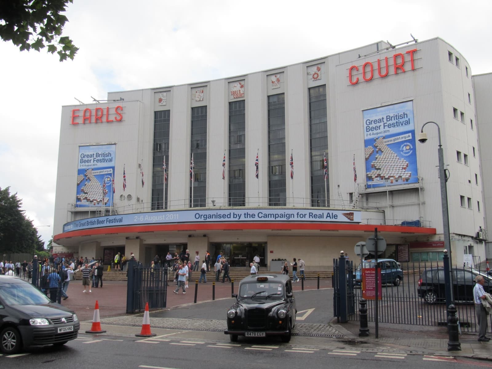 The broad curved front of Earls Court Exhibition Centre