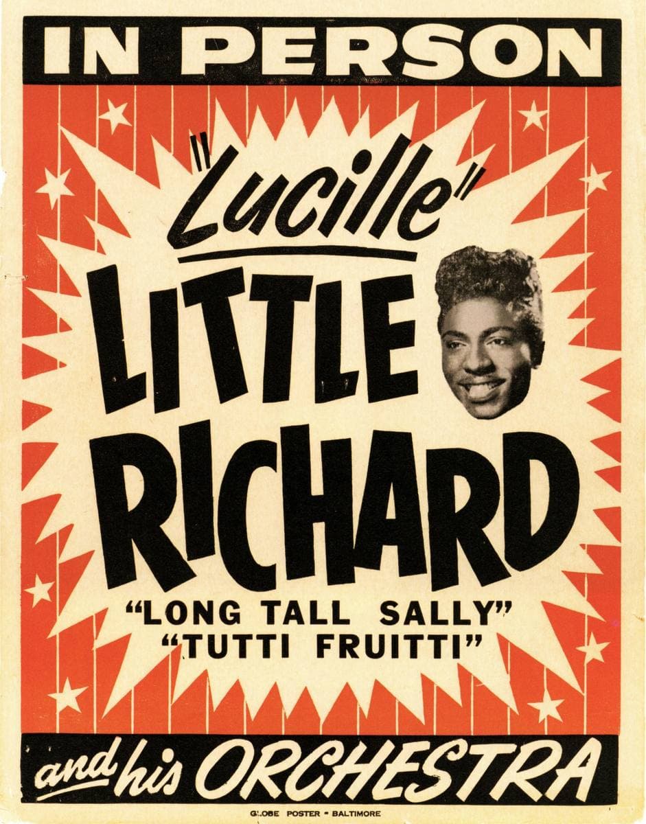 Orange and yellow letterpress show card reading Little Richard and his Orchestra, with a small portrait