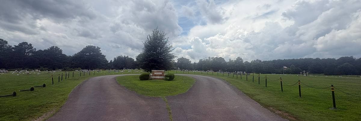 A flat grassy cemetery with a drive leading to a small tree