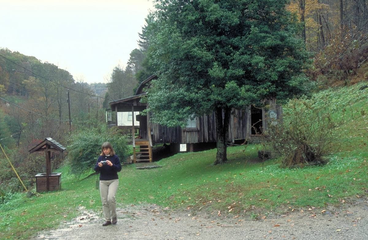 A wooden cabin on a wooded hillside with a porch along its front