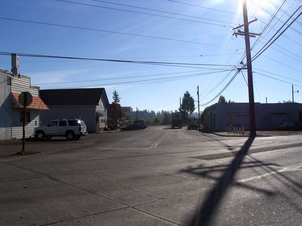 A quiet small-town main street with low buildings and trees