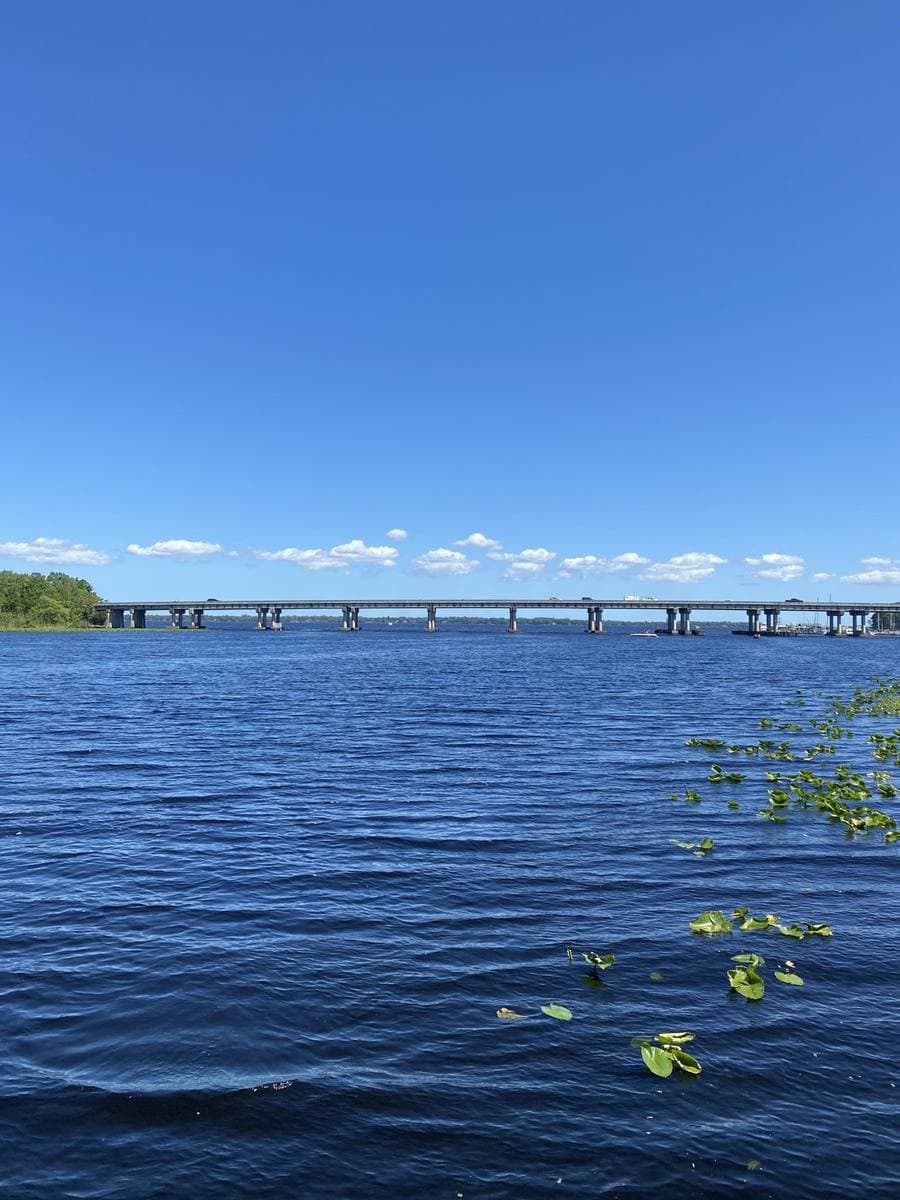 A wide dark creek with a road bridge in the distance