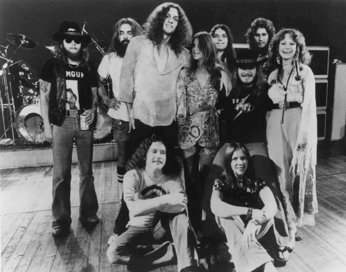 The band in 1976 with three women backing singers