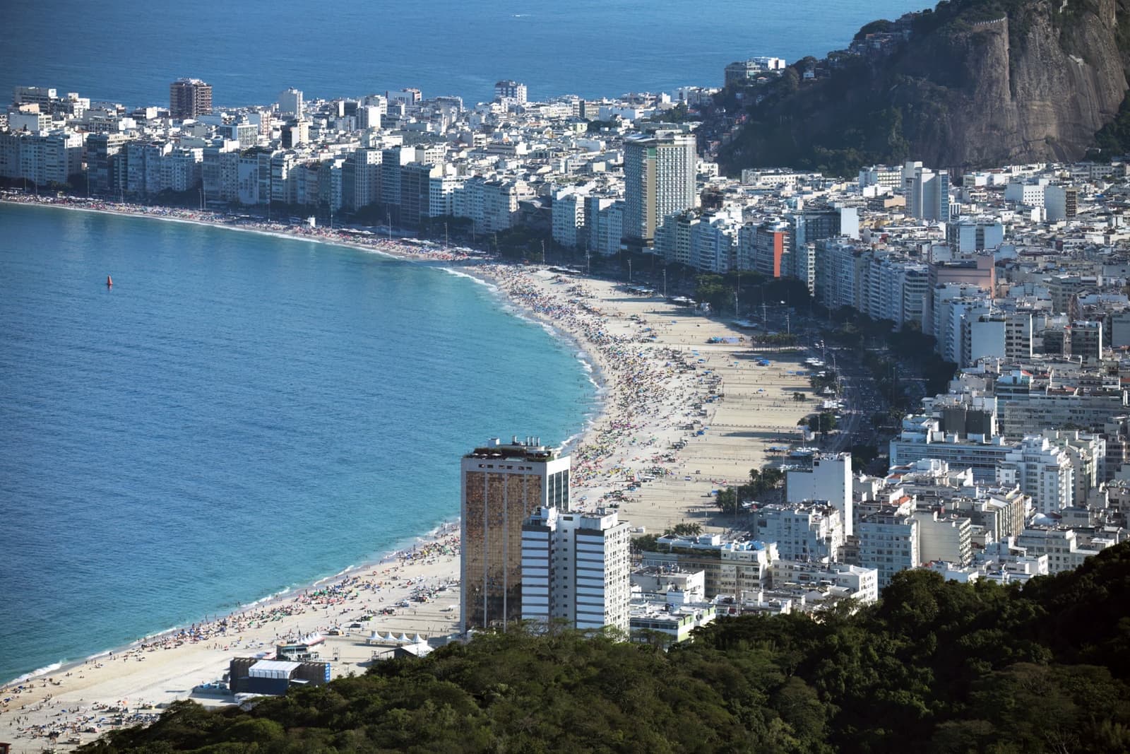 The long curve of Copacabana beach and its apartment blocks