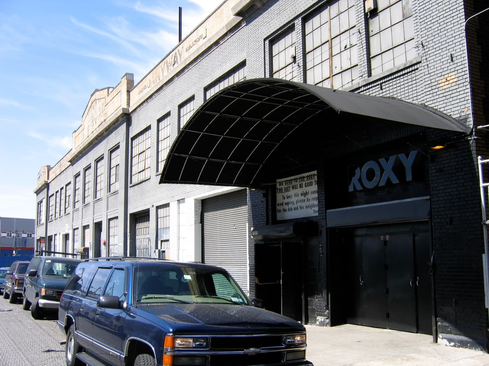 A black awning over the entrance of the Roxy nightclub