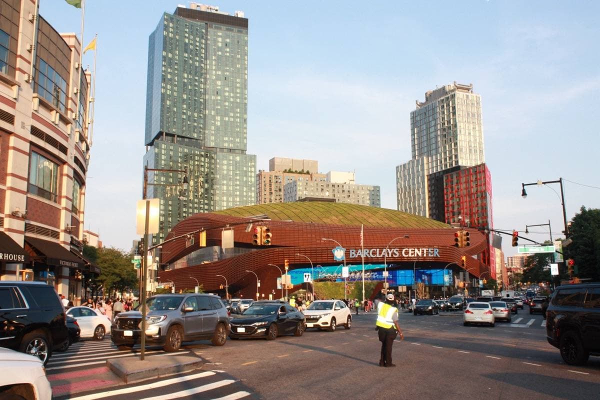 The rusted-steel canopy of the Barclays Center in Brooklyn