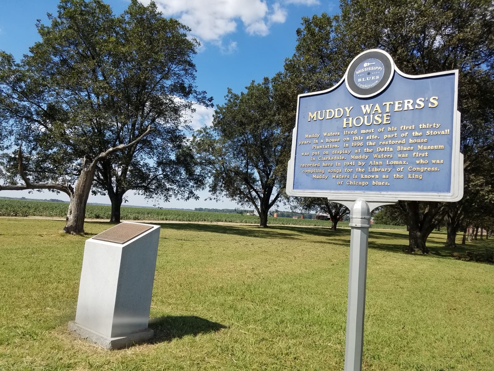 Roadside markers in flat Delta farmland where Muddy Waters’s house stood