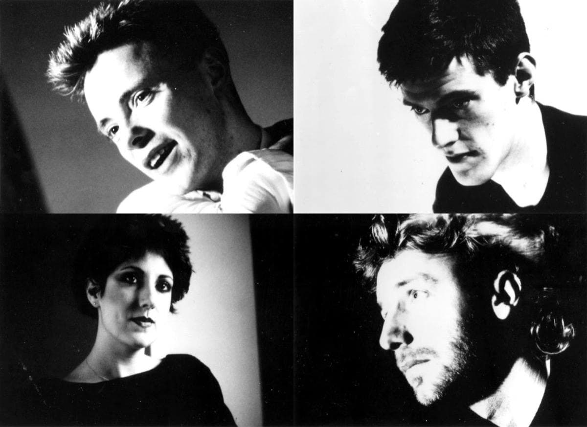 Four black-and-white portraits of the band in hard side light