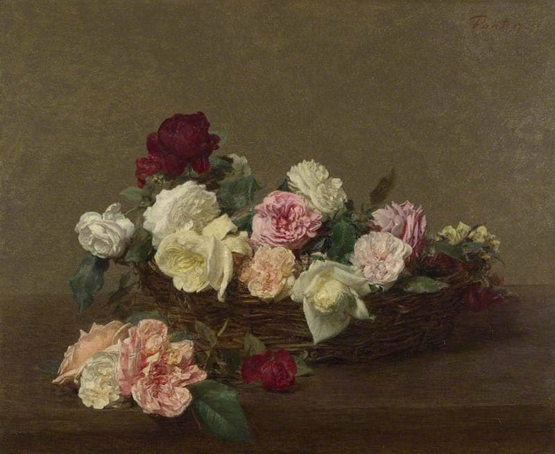 A painting of pale roses in a wicker basket on a dark ground