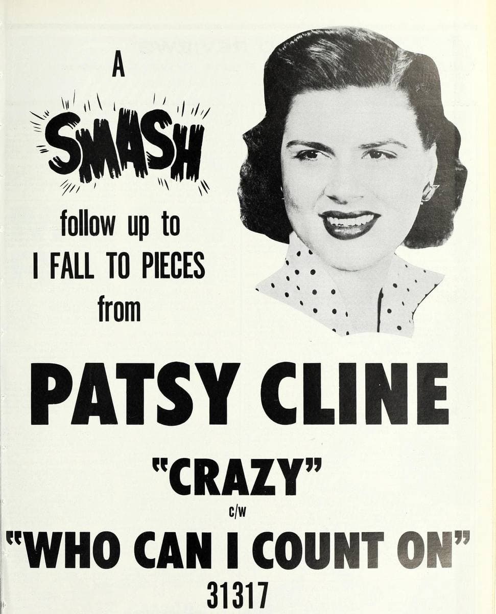 A trade advertisement announcing Crazy as the follow-up to I Fall to Pieces, with Patsy Cline’s portrait