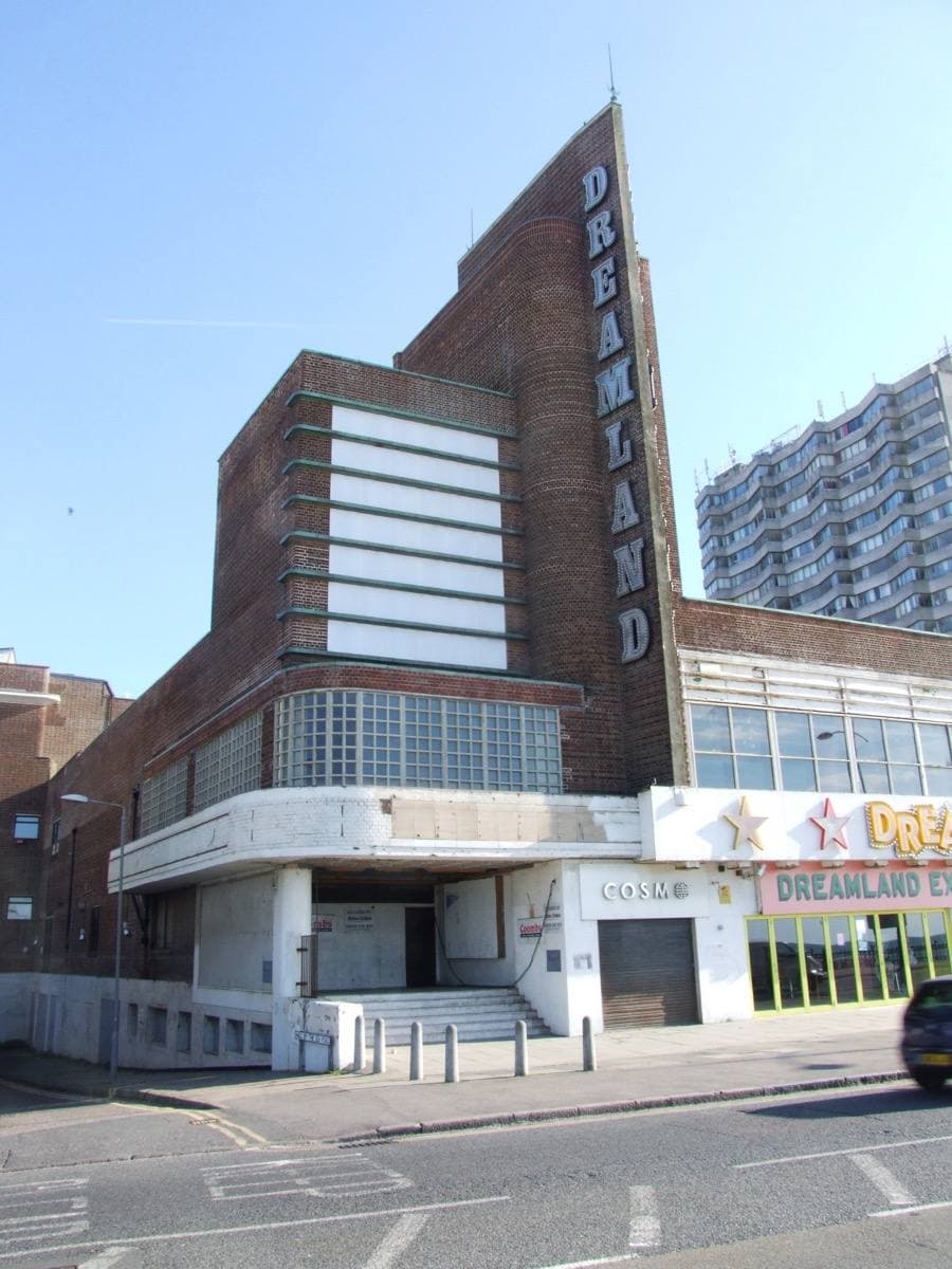 The brick fin tower of Dreamland with its name in vertical letters, Margate