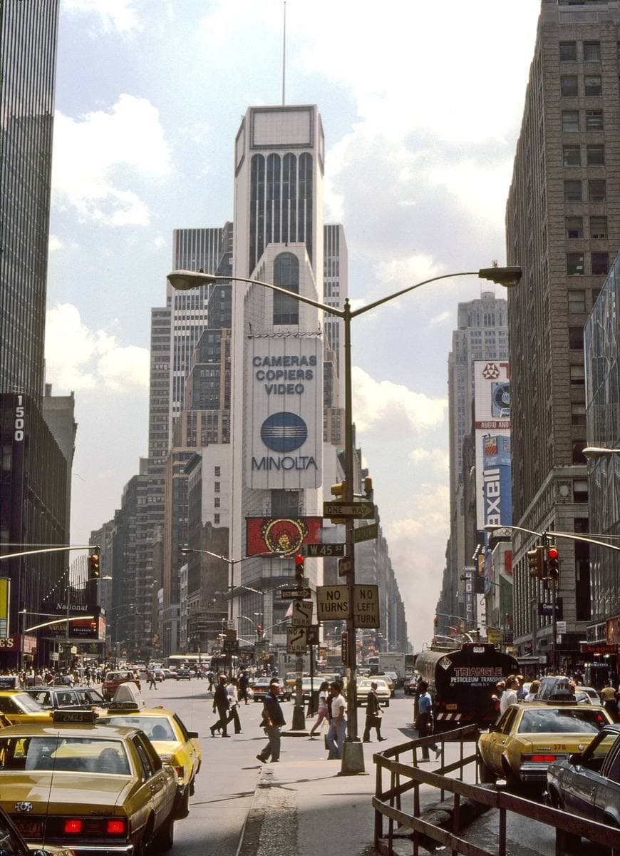 Yellow cabs and billboards in Times Square, June 1984