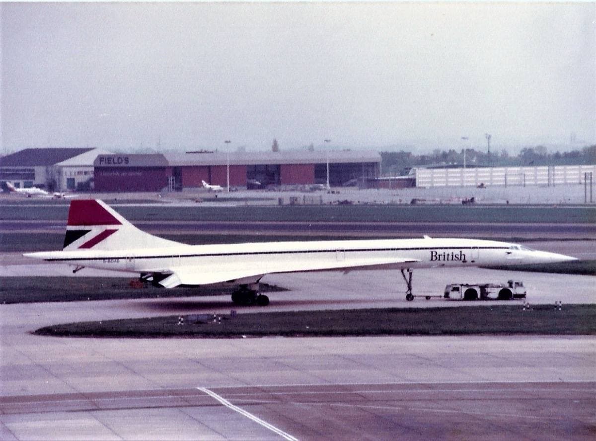 A white British Airways Concorde on the Heathrow apron, 1985