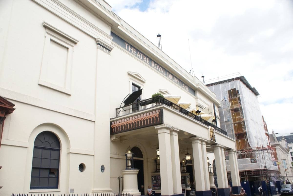 The white colonnaded front of the Theatre Royal Drury Lane