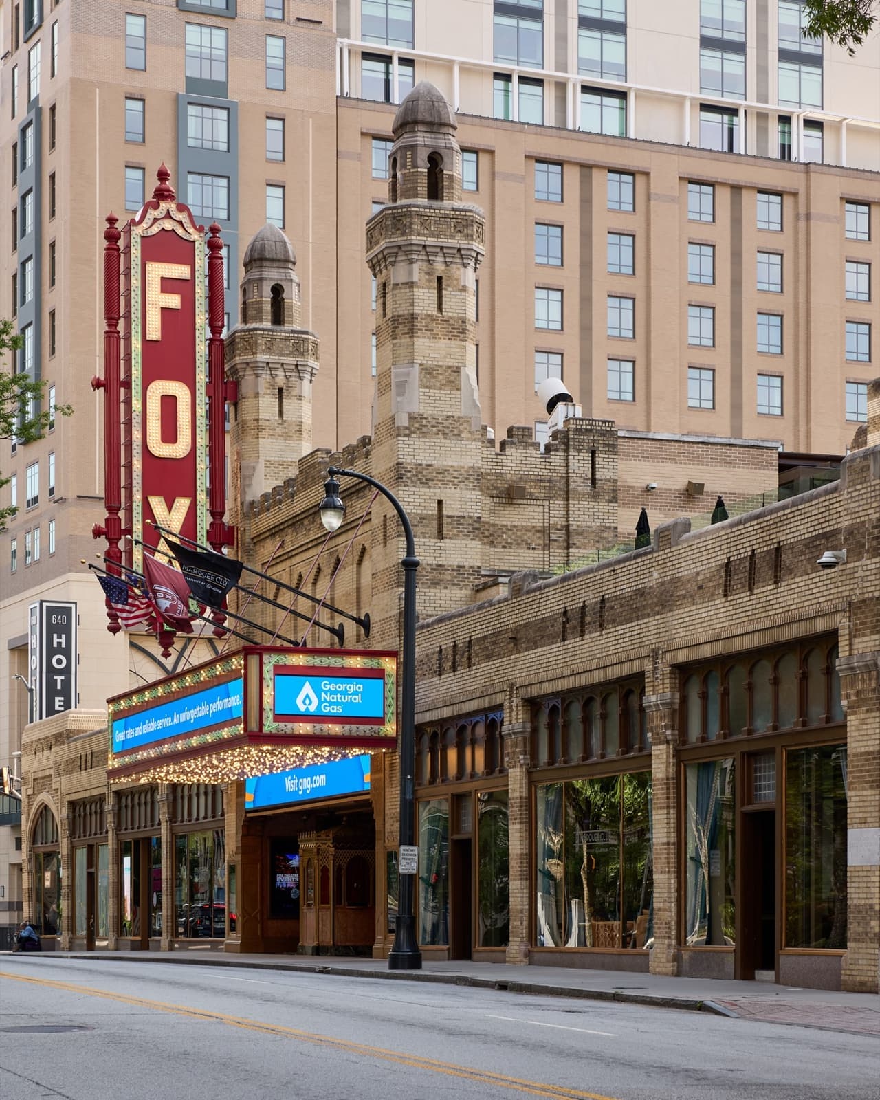 The Fox Theatre’s tall red FOX sign and Moorish towers