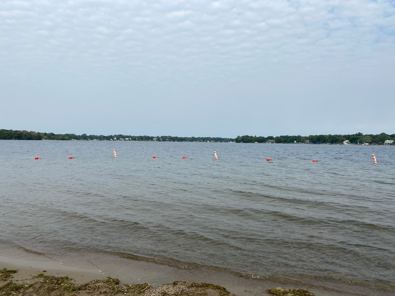 Grey water and a far shoreline from a beach