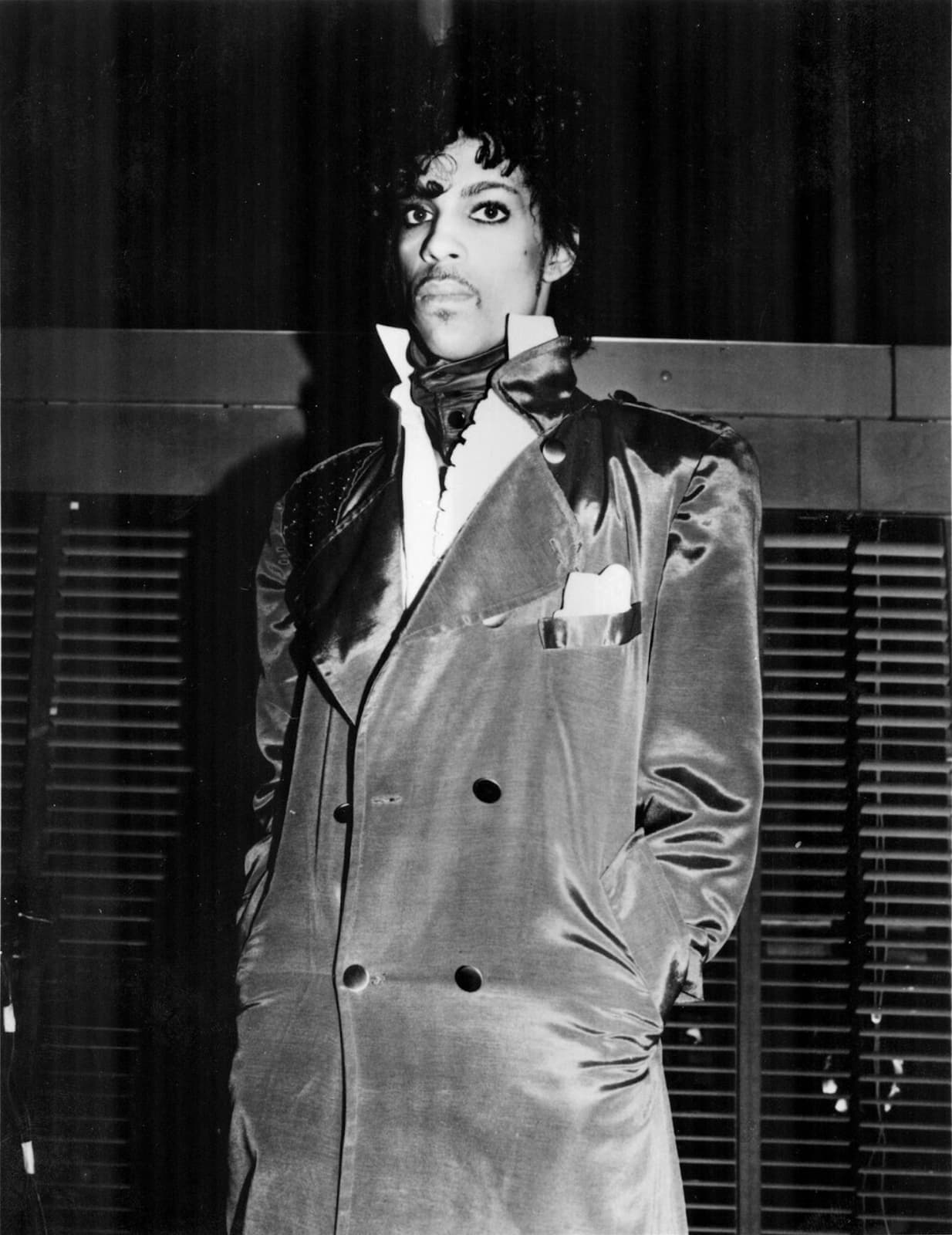 Prince in a long satin coat and a high collar, black and white