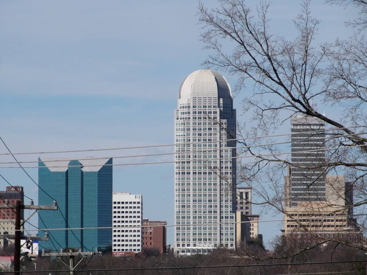 A small city skyline with a tall tower topped by a dome, seen past bare trees