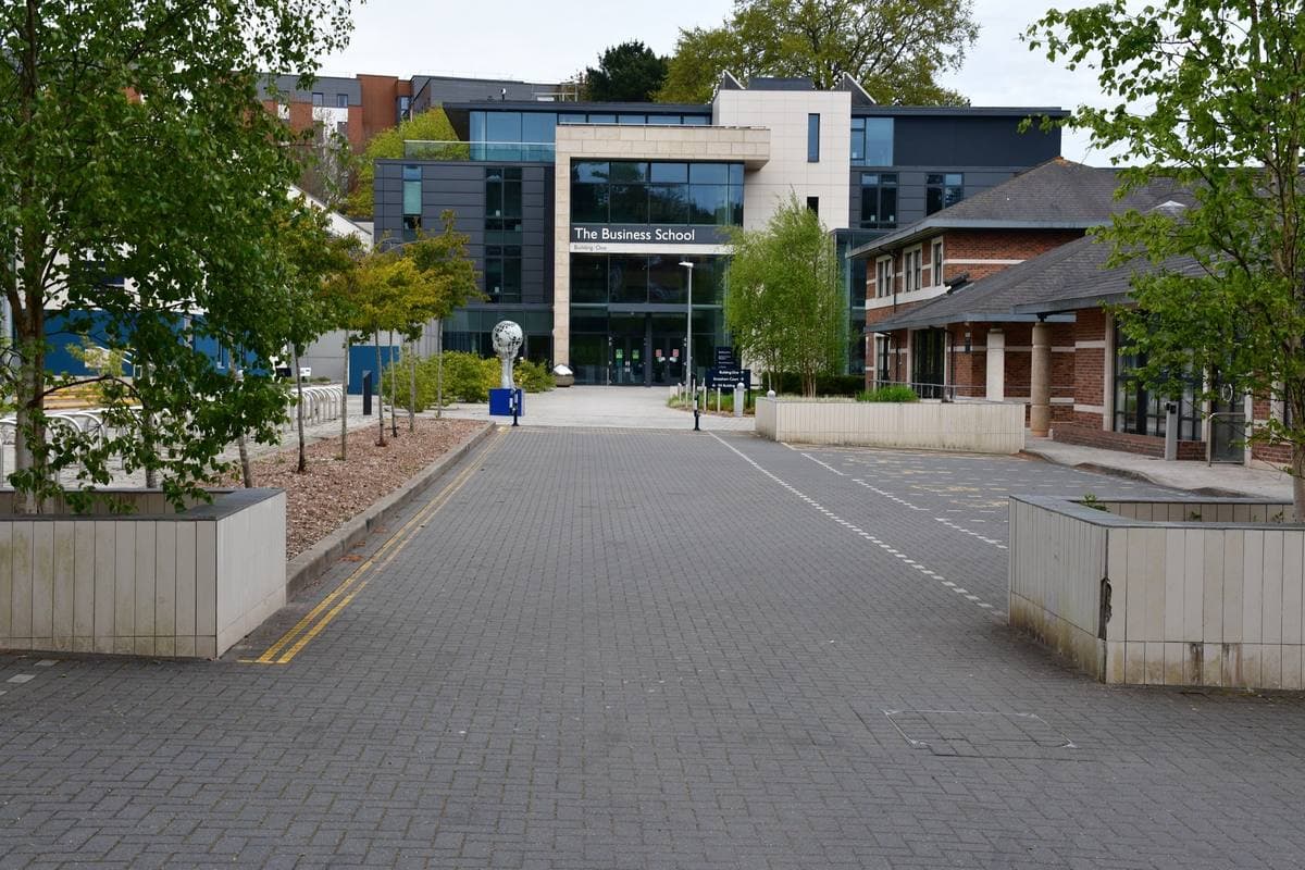 A paved campus walk between modern buildings and trees