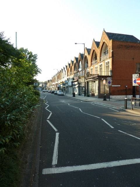 A long straight main road with terraced shops on the right and trees on the left