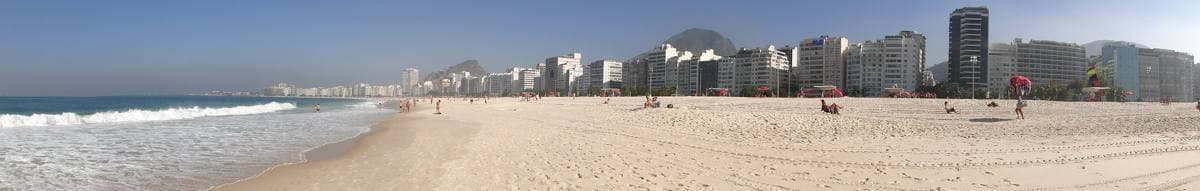 A wide panorama of the whole curve of Copacabana Beach and its seafront towers