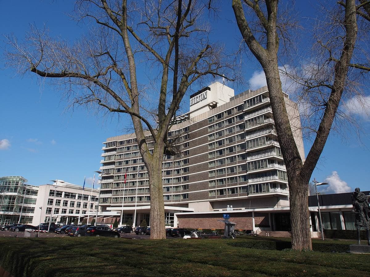 A long modern hotel block behind bare plane trees