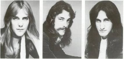 Three portraits side by side: Alex Lifeson, Neil Peart with a moustache, and Geddy Lee