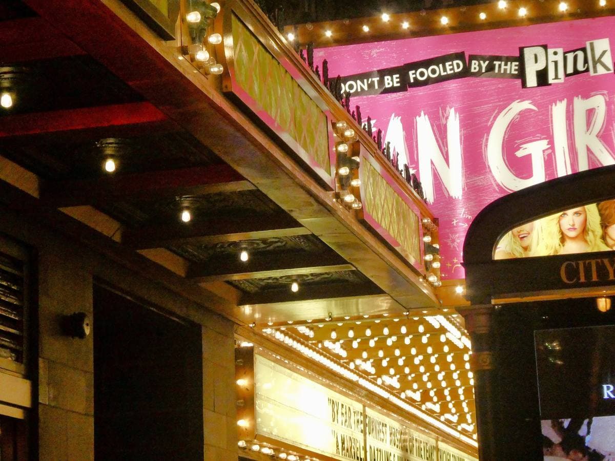 The August Wilson Theatre front with Mean Girls signs in 2019