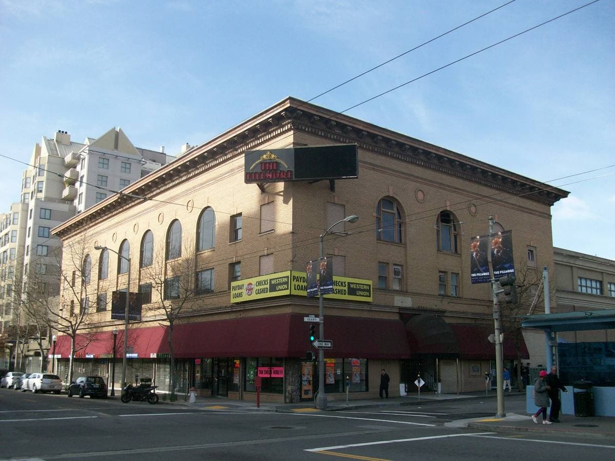 The corner front of the Fillmore with its vertical sign