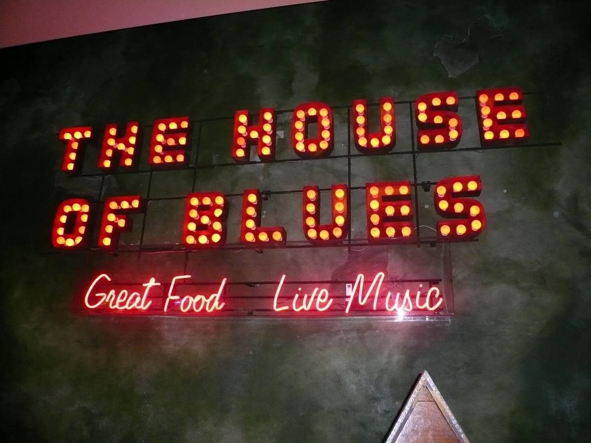 A red House of Blues sign inside the Mandalay Bay resort