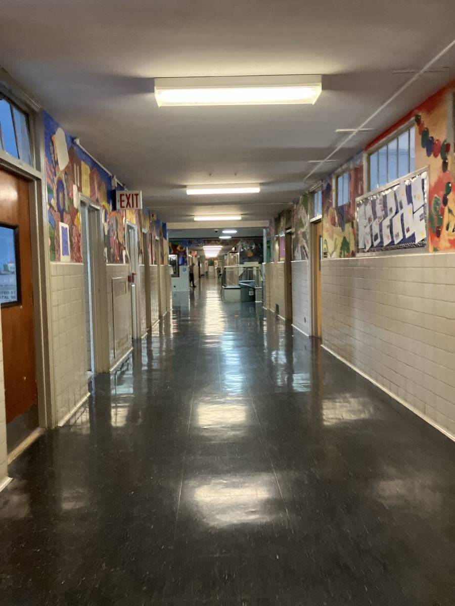 A long polished school corridor with murals and classroom doors