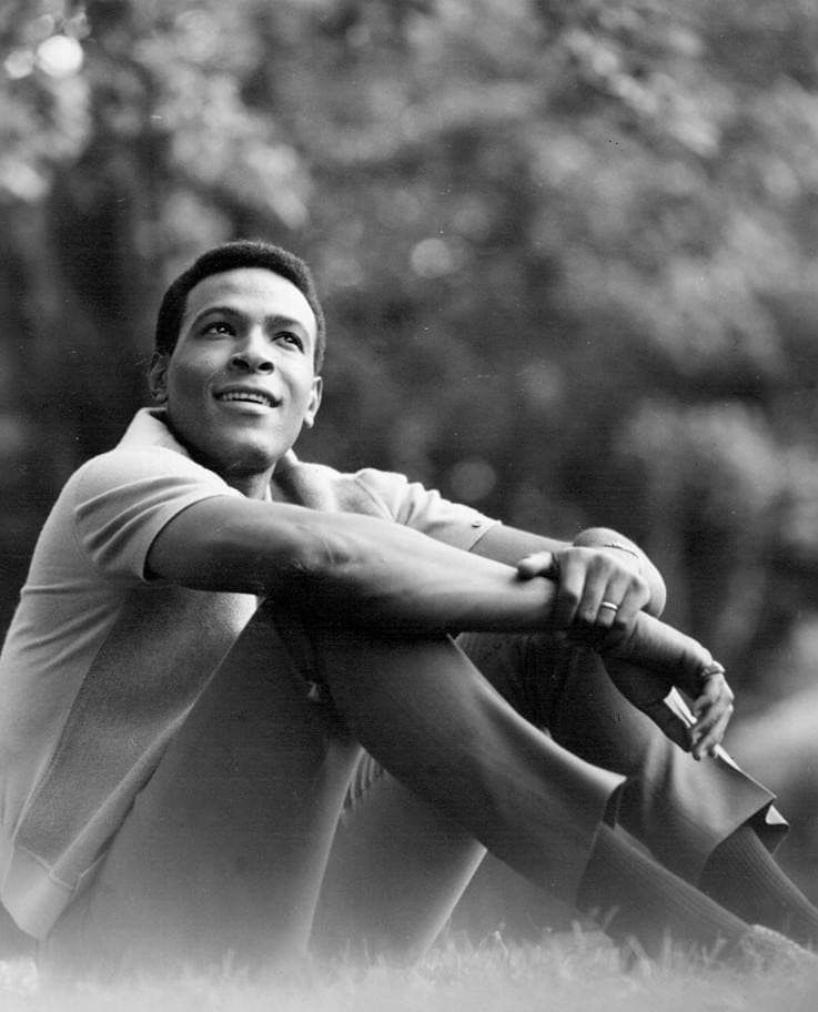 Marvin Gaye sitting outdoors in an open-necked shirt, smiling