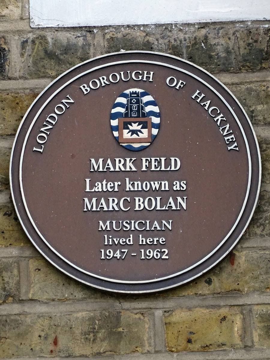 A brown round plaque from the London Borough of Hackney for Mark Feld, later Marc Bolan