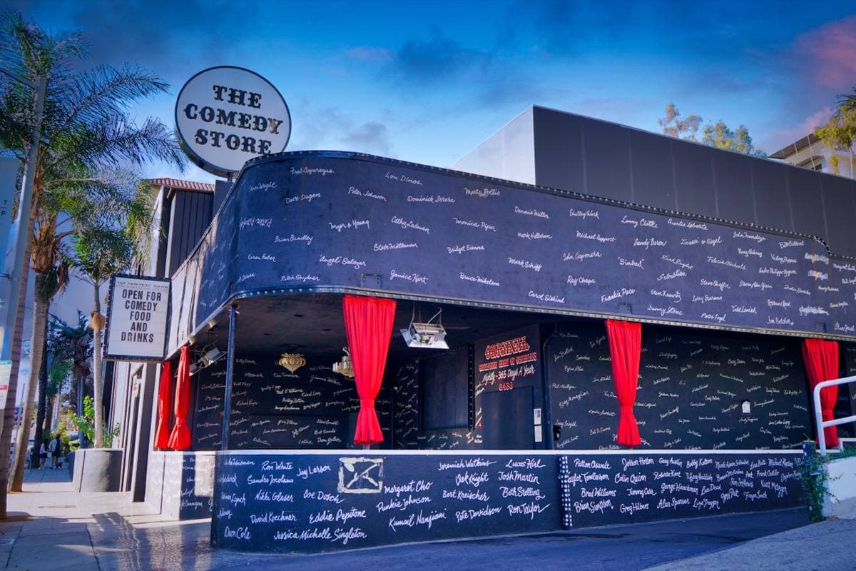A black club building on the Sunset Strip with The Comedy Store painted in white script