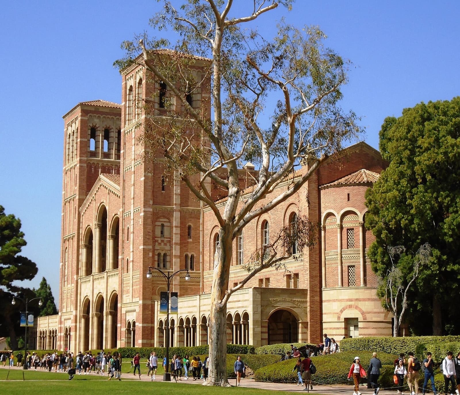 The brick towers of Royce Hall at UCLA under a blue sky