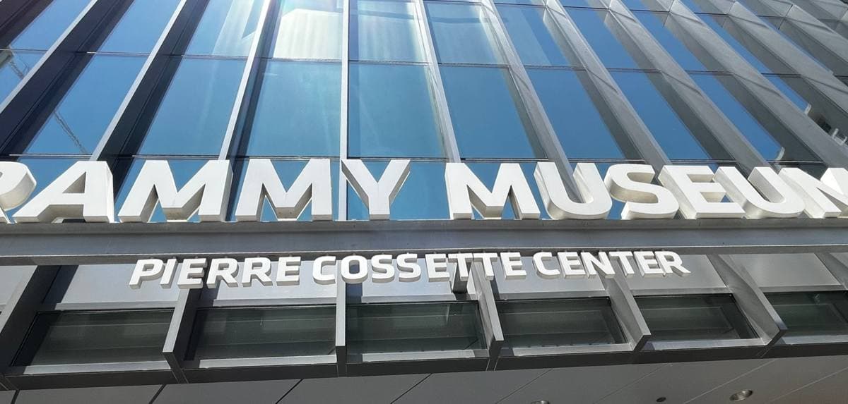 The GRAMMY Museum lettering on a glass front in downtown Los Angeles