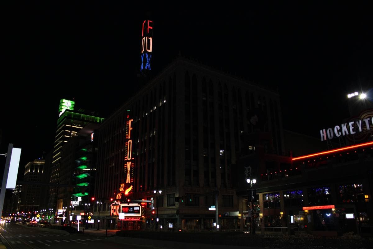 The ornate front and vertical sign of the Fox Theatre in Detroit