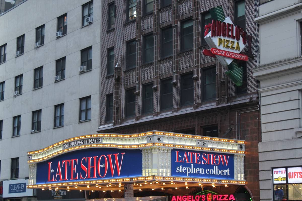 The brick front and marquee of the Ed Sullivan Theater on Broadway