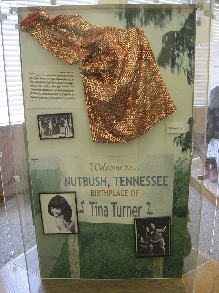 A glittering copper sequinned top in a glass case above a hand-painted Welcome to Nutbush sign