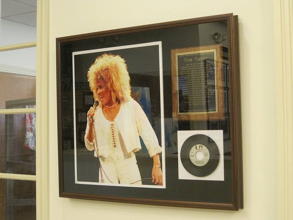 A framed photograph of Tina Turner in white beside a record on a museum wall
