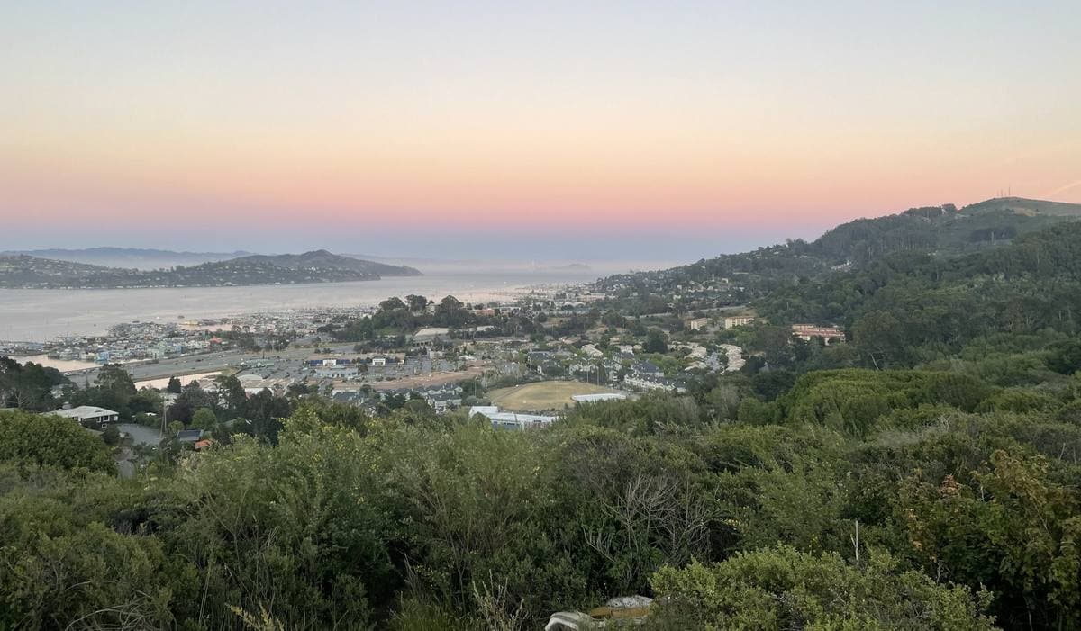 Marin City below green hills at evening, with the bay behind