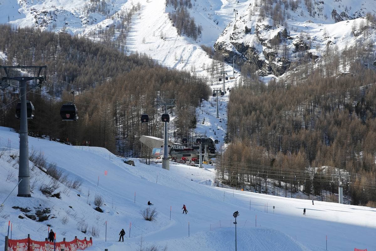 Red cable-car cabins on a line climbing over snowy slopes and larch woods